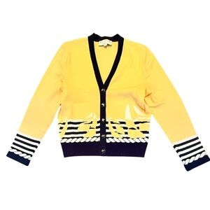 St John Vintage Yellow/Navy Nautical V-neck Cardigan Sweater Size Small MSRP$695